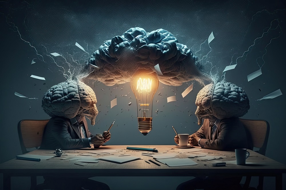 Creative business team brainstorming and ideating for innovative projects. Generative AI